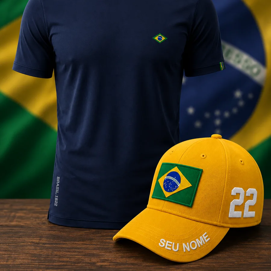 Camiseta azul-marinho e boné amarelo com patch do Brasil