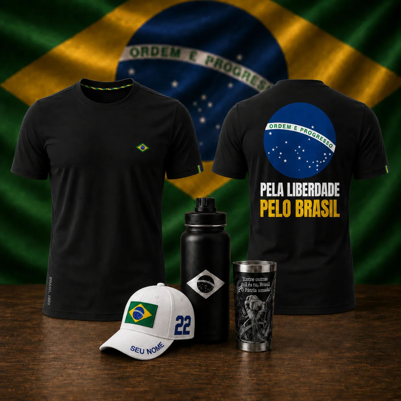 Kits Pátria Viva: camisetas, boné e garrafa térmica com a bandeira do Brasil ao fundo
